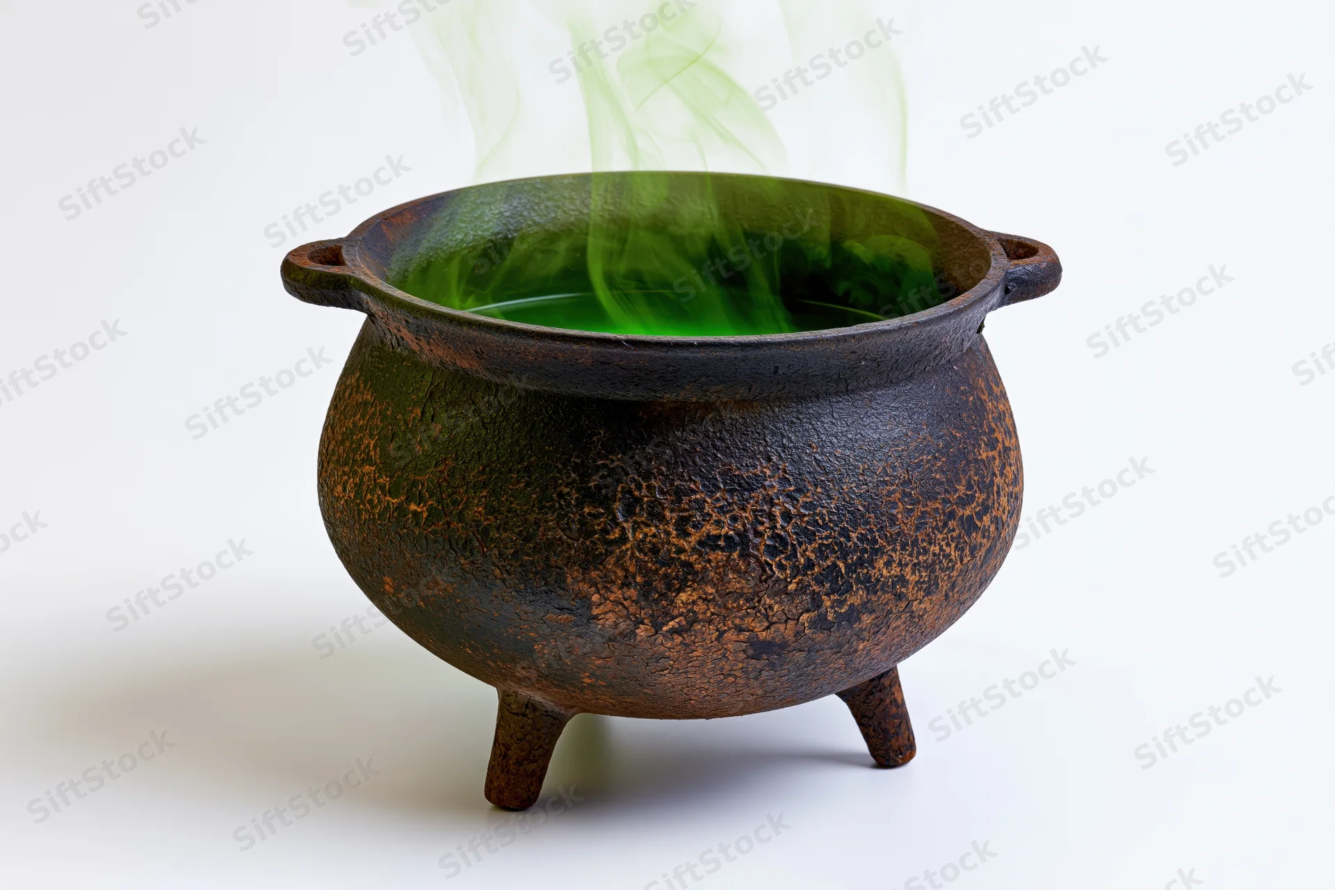 Old cast iron witch's cauldron with green smoke rising from it on white background