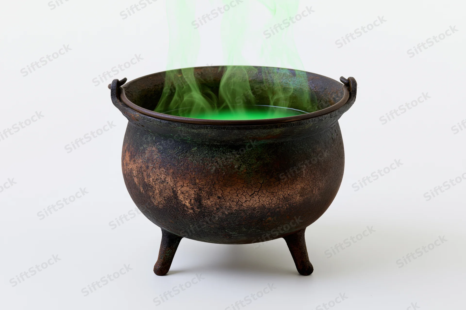 Old cast iron witch's cauldron with green smoke rising from it on white background