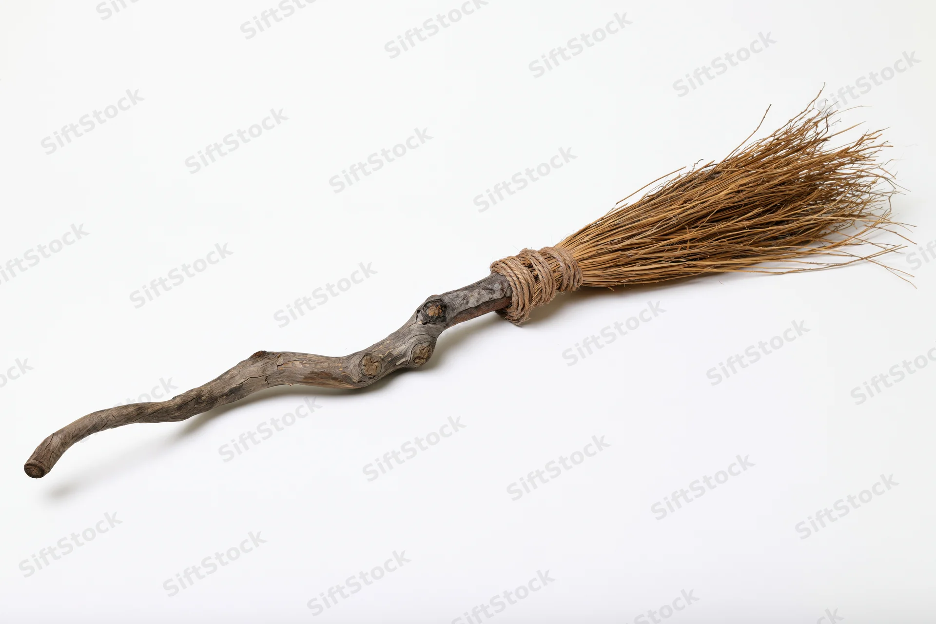 Old handmade witch's broomstick with wooden twig handle and straw bristles lying diagonally on white background