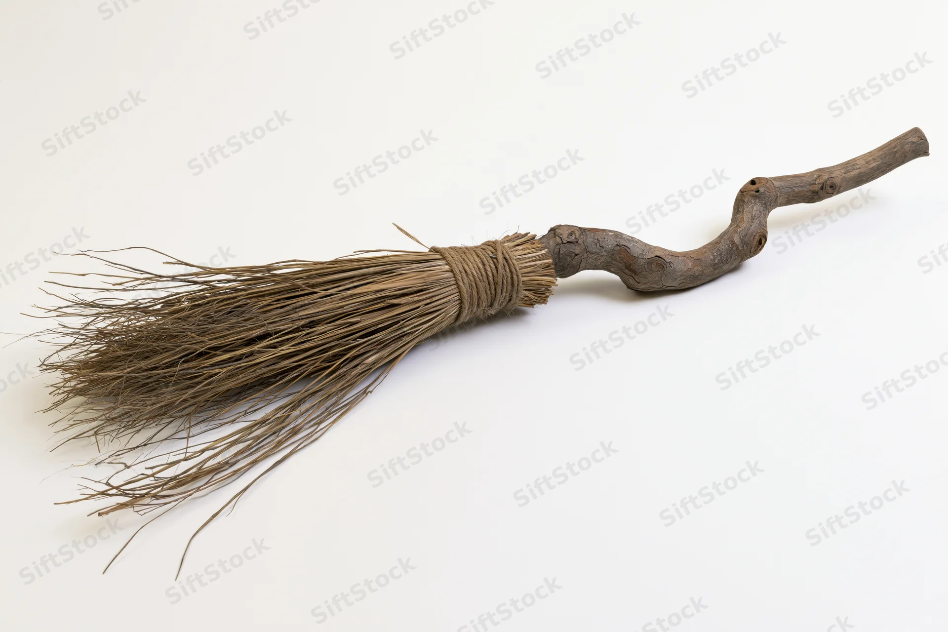 Old handmade witch's broom with wooden handle and straw bristles lying diagonally on white background