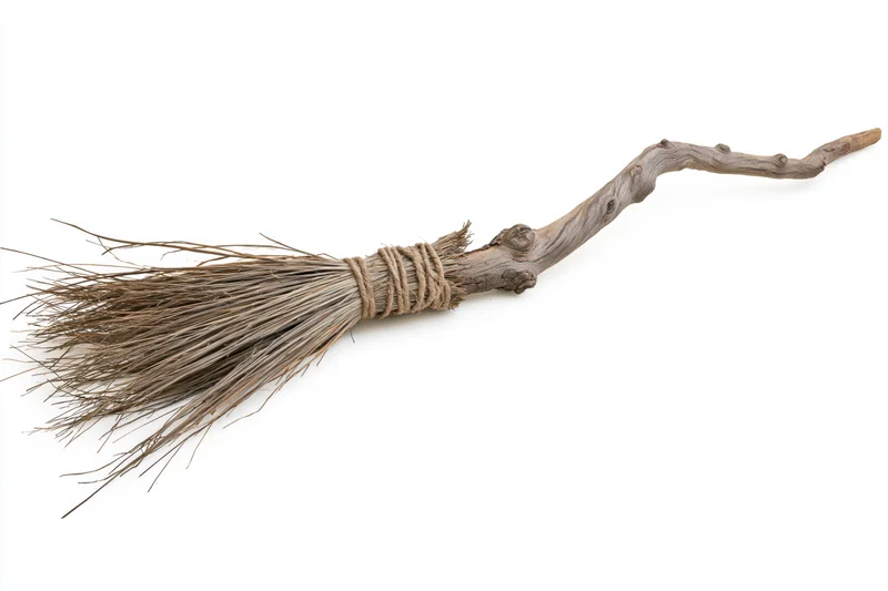 Old handmade witch's broom with wooden twig handle and straw bristles lying diagonally on white background