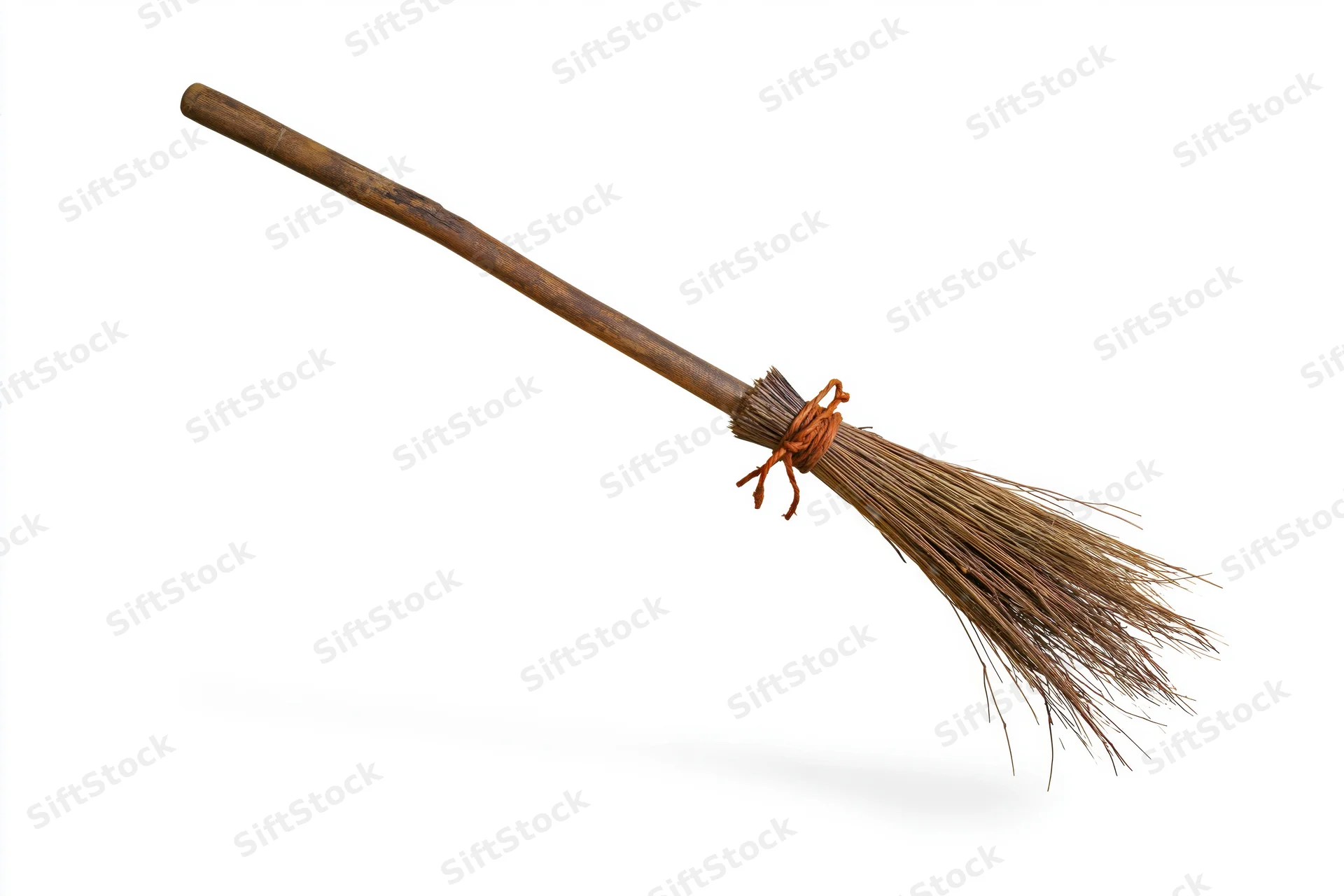 Old rustic witch's broom with dried straw bristles tied with orange twine on white background
