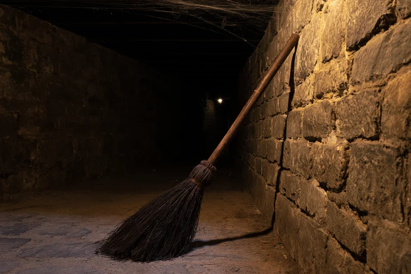 Old worn broom leaning against rough stone brick wall in dark narrow tunnel
