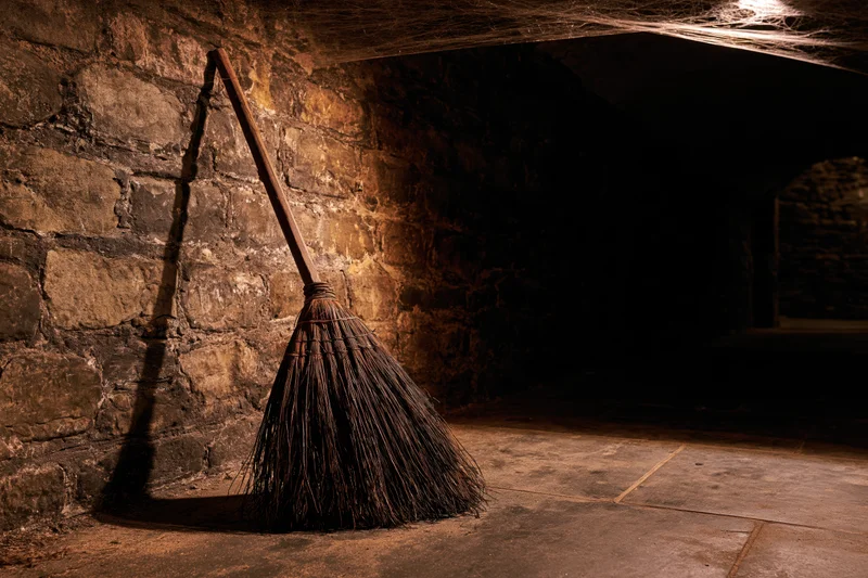Old worn broom leaning against rough stone wall in dimly lit dungeon with cobwebs and shadows