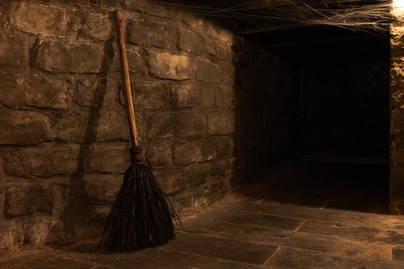 Old broom leaning against rough stone wall in dim dungeon passage