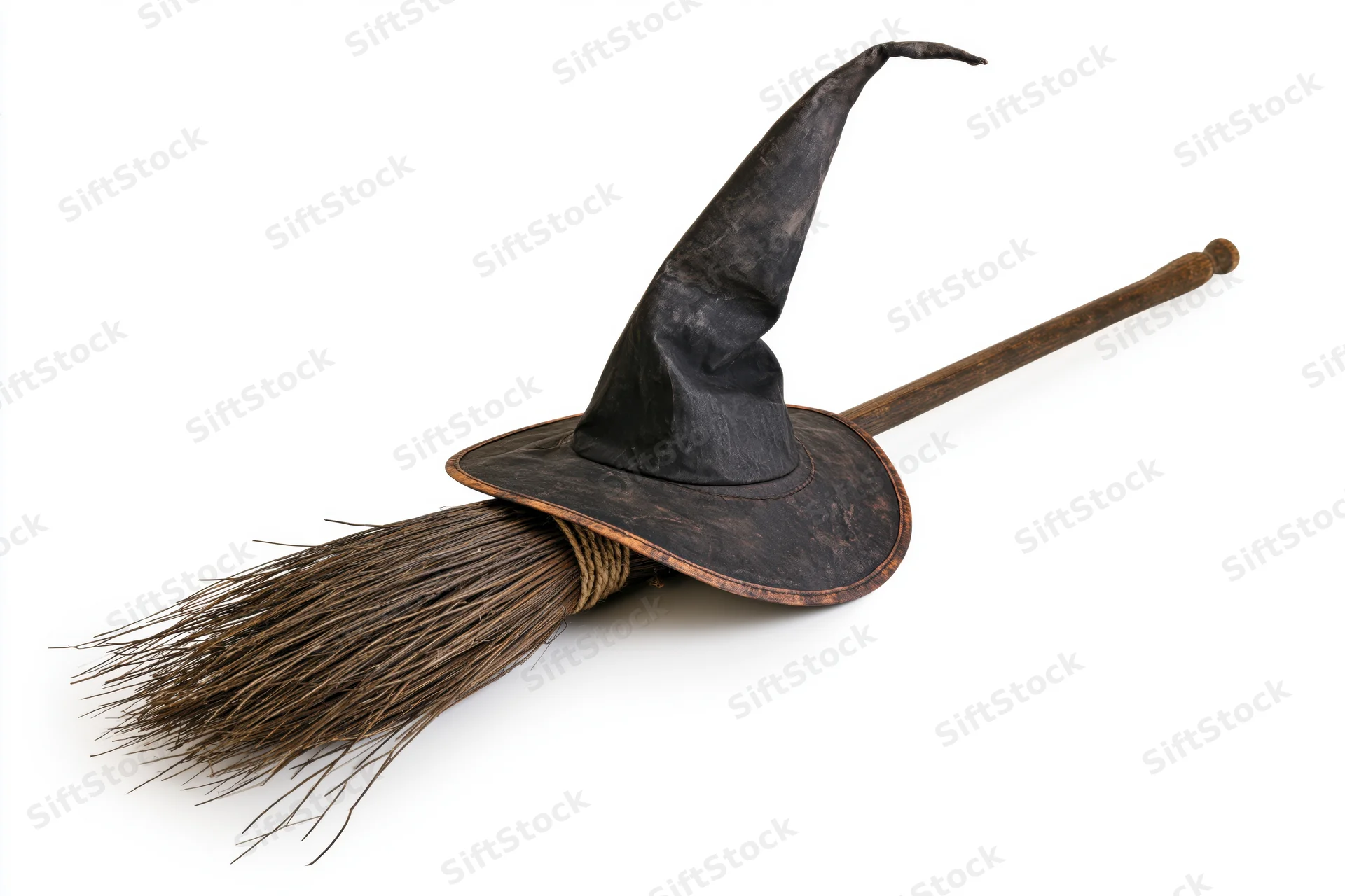 Old worn witch's broomstick with pointed hat lying diagonally on white background