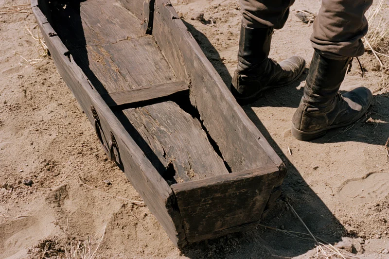 Open weathered wooden coffin lying on dry dusty ground beside soldier's boots