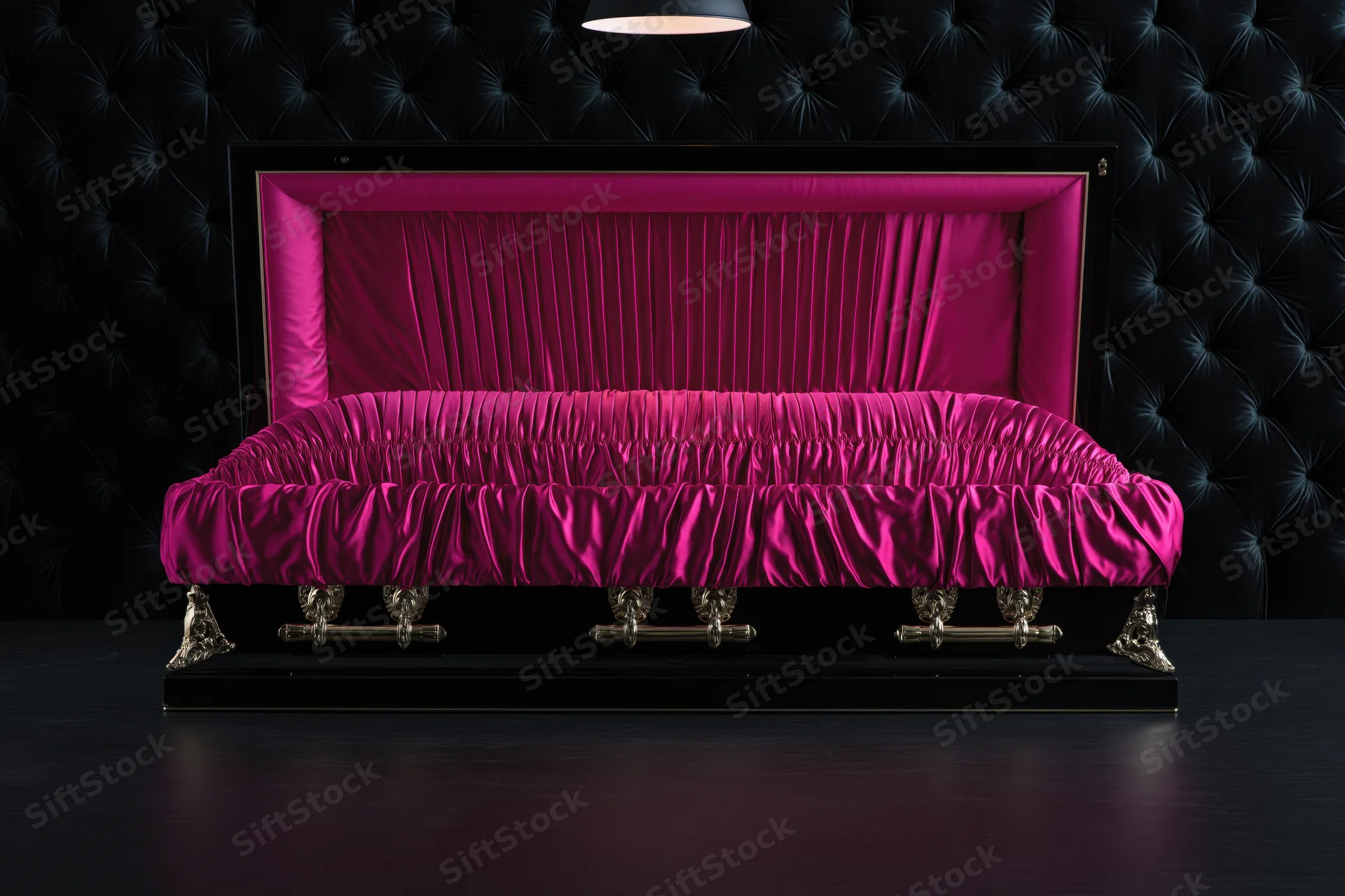 Open magenta silk coffin displayed in dark tufted velvet room under spotlight