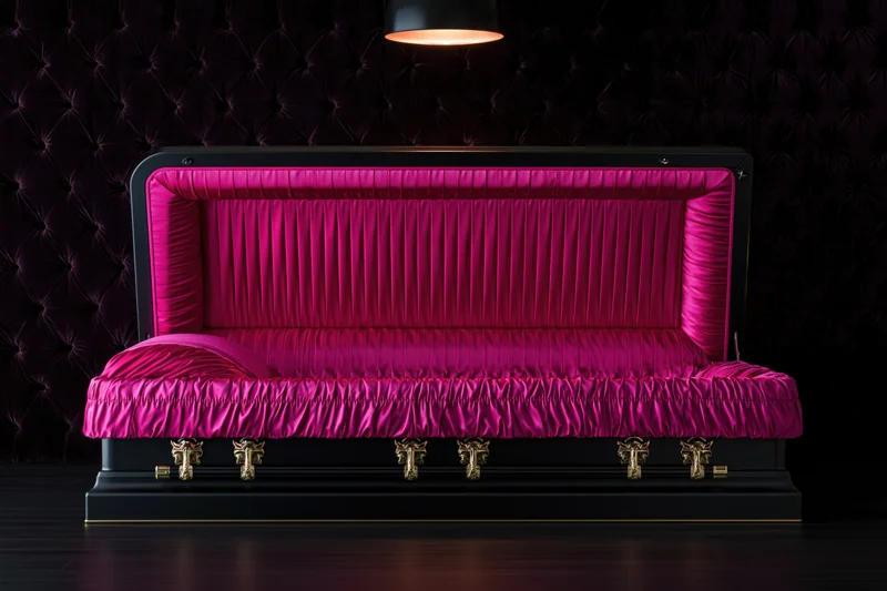 Open coffin with magenta silk lining in dark tufted room under focused lamp light