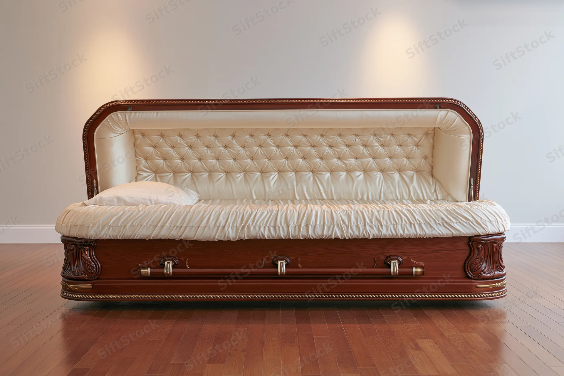 Open mahogany casket displayed in a funeral home showroom