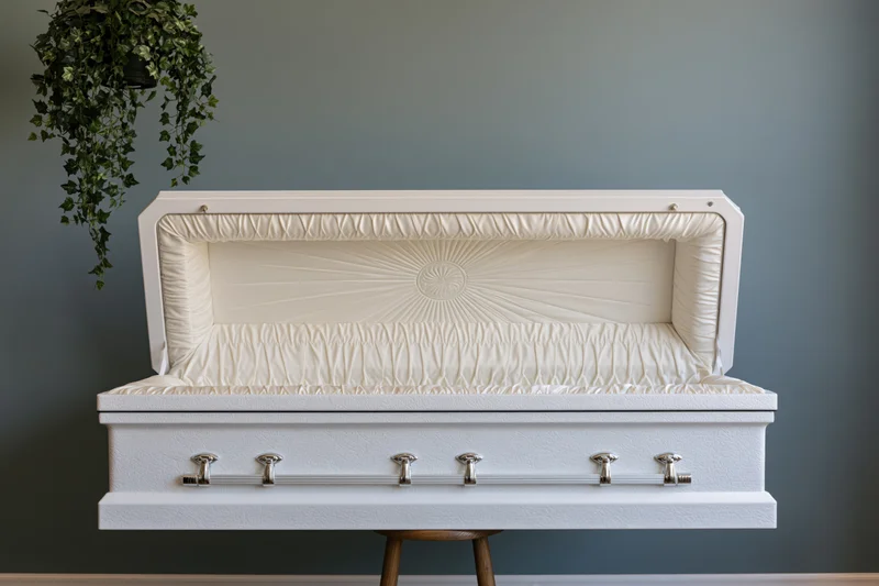 Open white casket on wooden stool in plain room