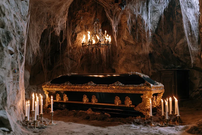 Ornate black and gold coffin resting on dusty cave floor under lit chandelier and candles
