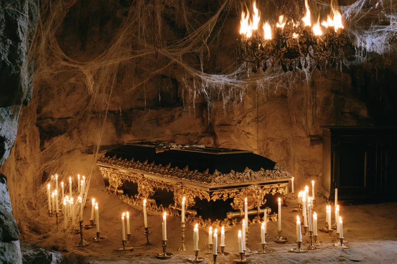 Ornate black and gold coffin surrounded by candles in a cobwebbed cave