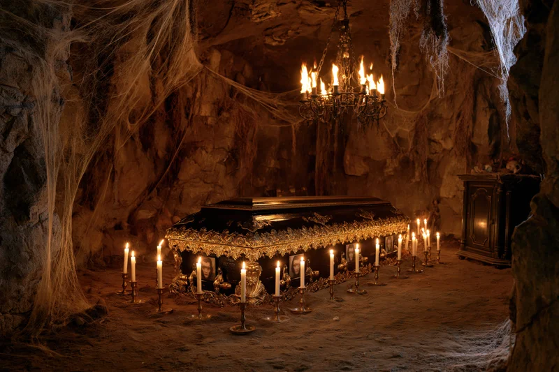 Ornate black and gold coffin surrounded by candles and spiderwebs in a dark cave