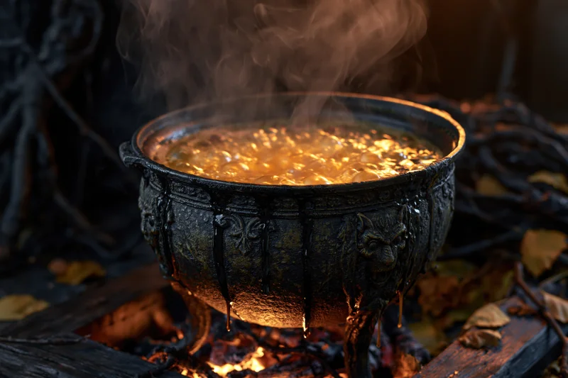 Ornate cast iron cauldron bubbling with glowing amber liquid over fire