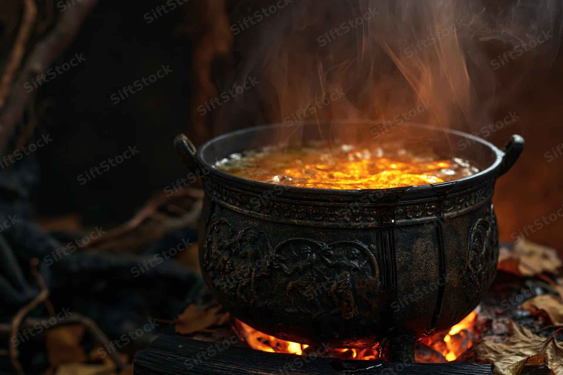 Ornate iron cauldron bubbling with glowing amber liquid over fire in a dark forest setting