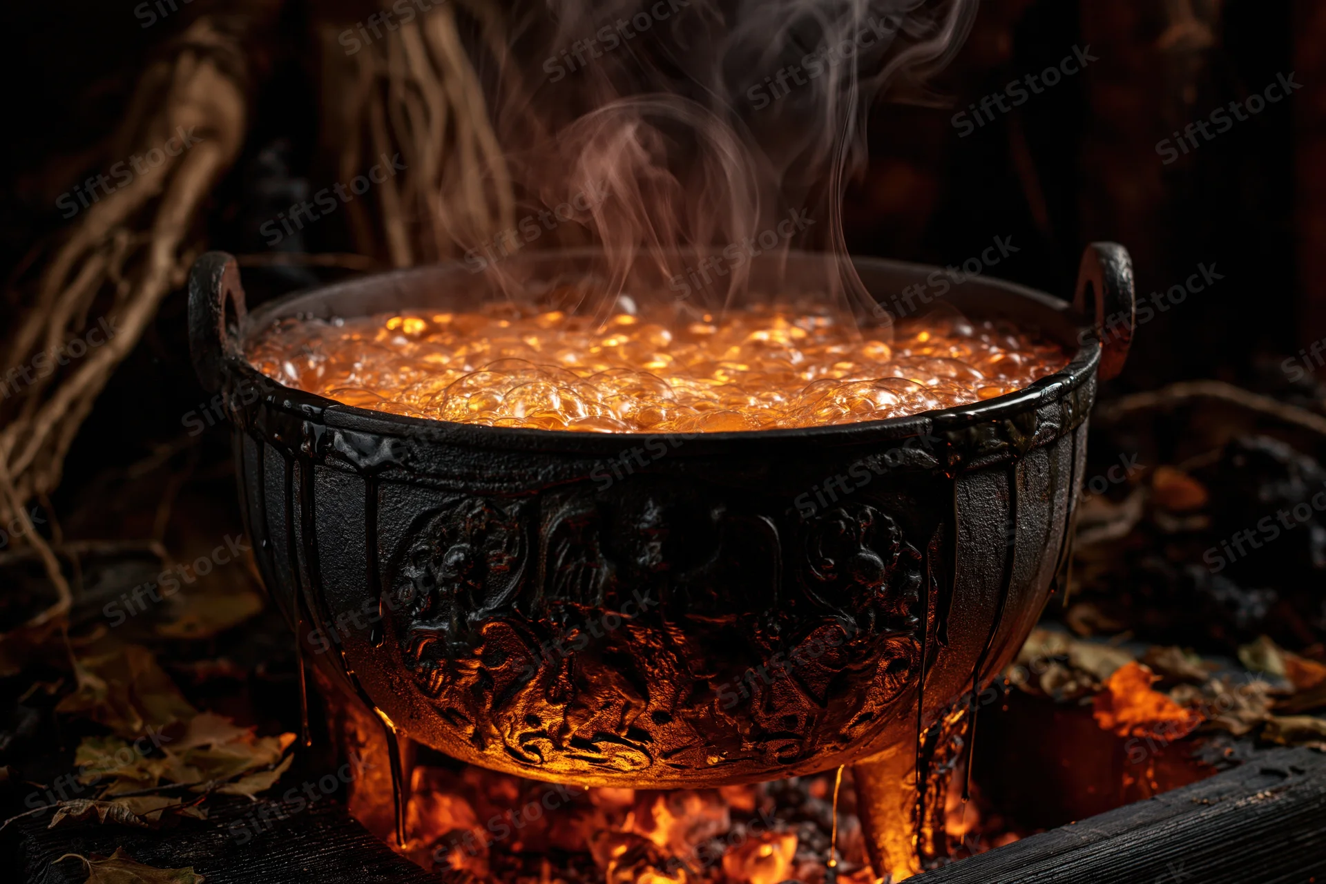 Ornate cast iron cauldron bubbling with glowing amber liquid over fire