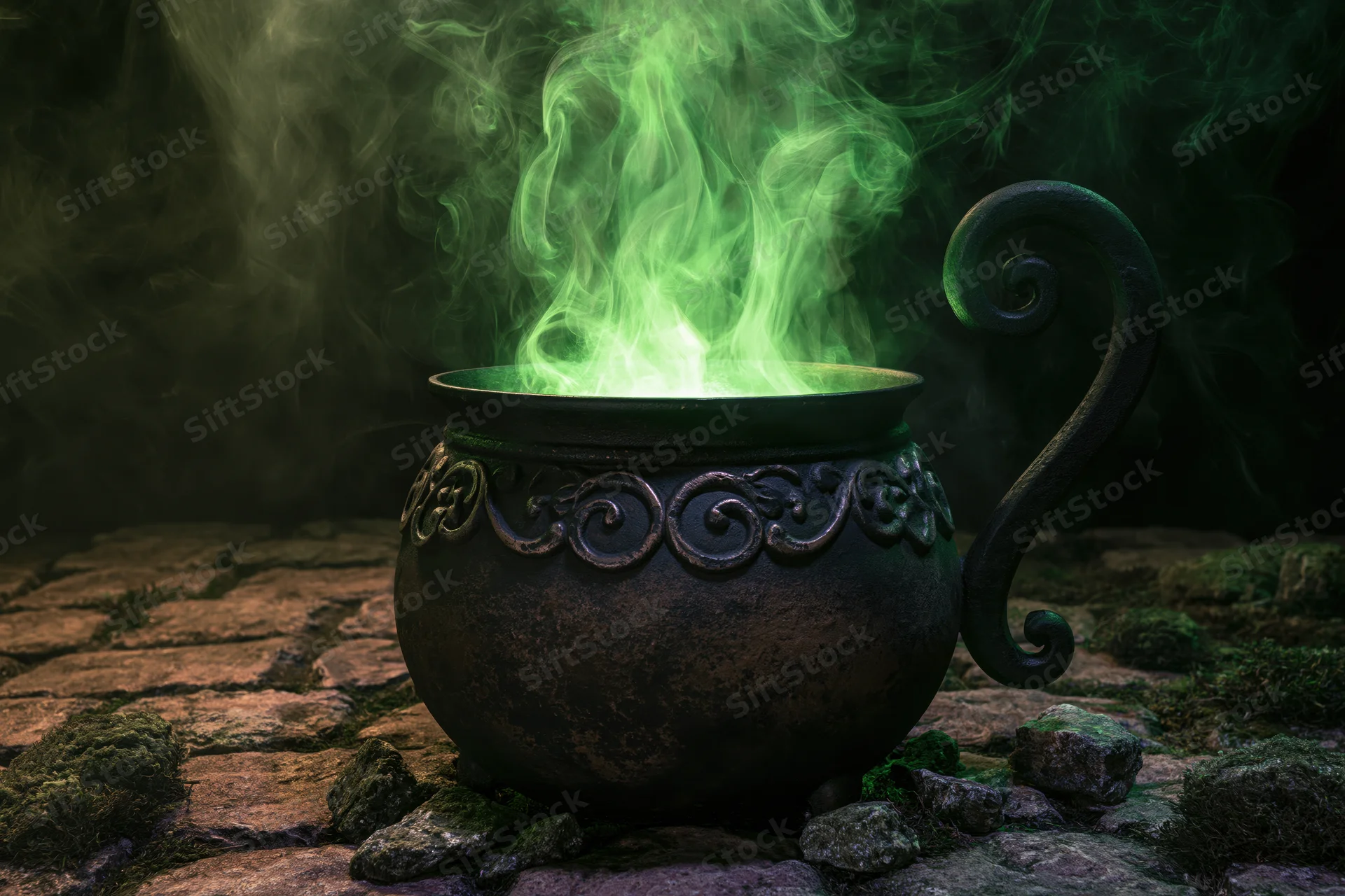 Ornate cast iron cauldron emitting green glowing smoke on mossy cobblestones at night