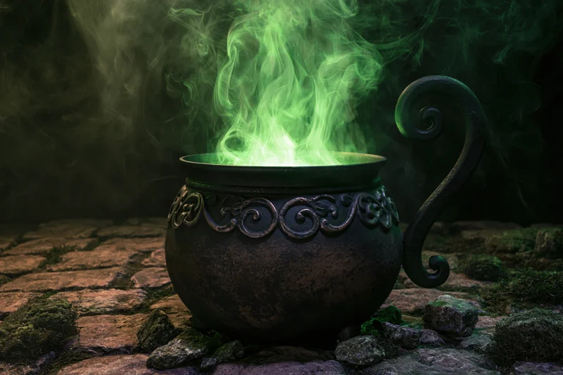 Ornate cast iron cauldron emitting green glowing smoke on mossy cobblestones at night