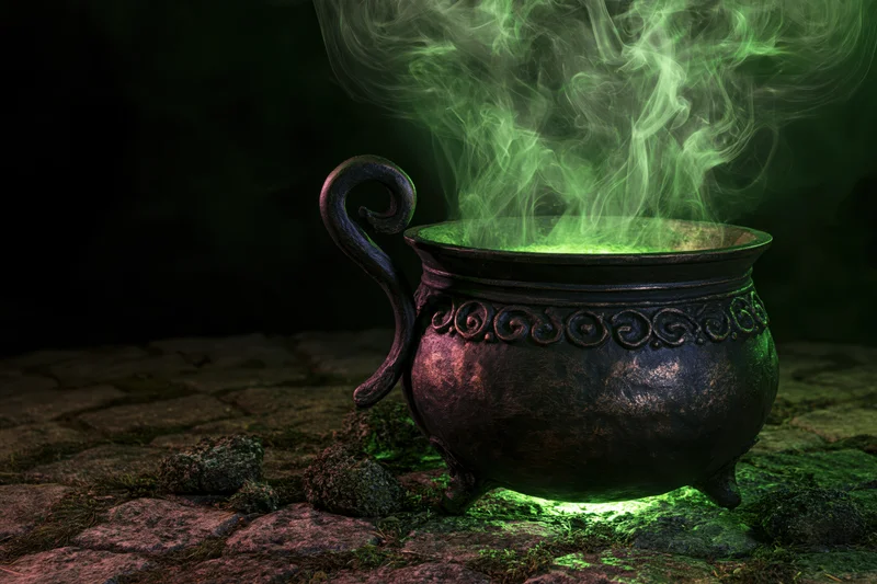 Ornate cast iron cauldron emitting green smoke on mossy cobblestones at night