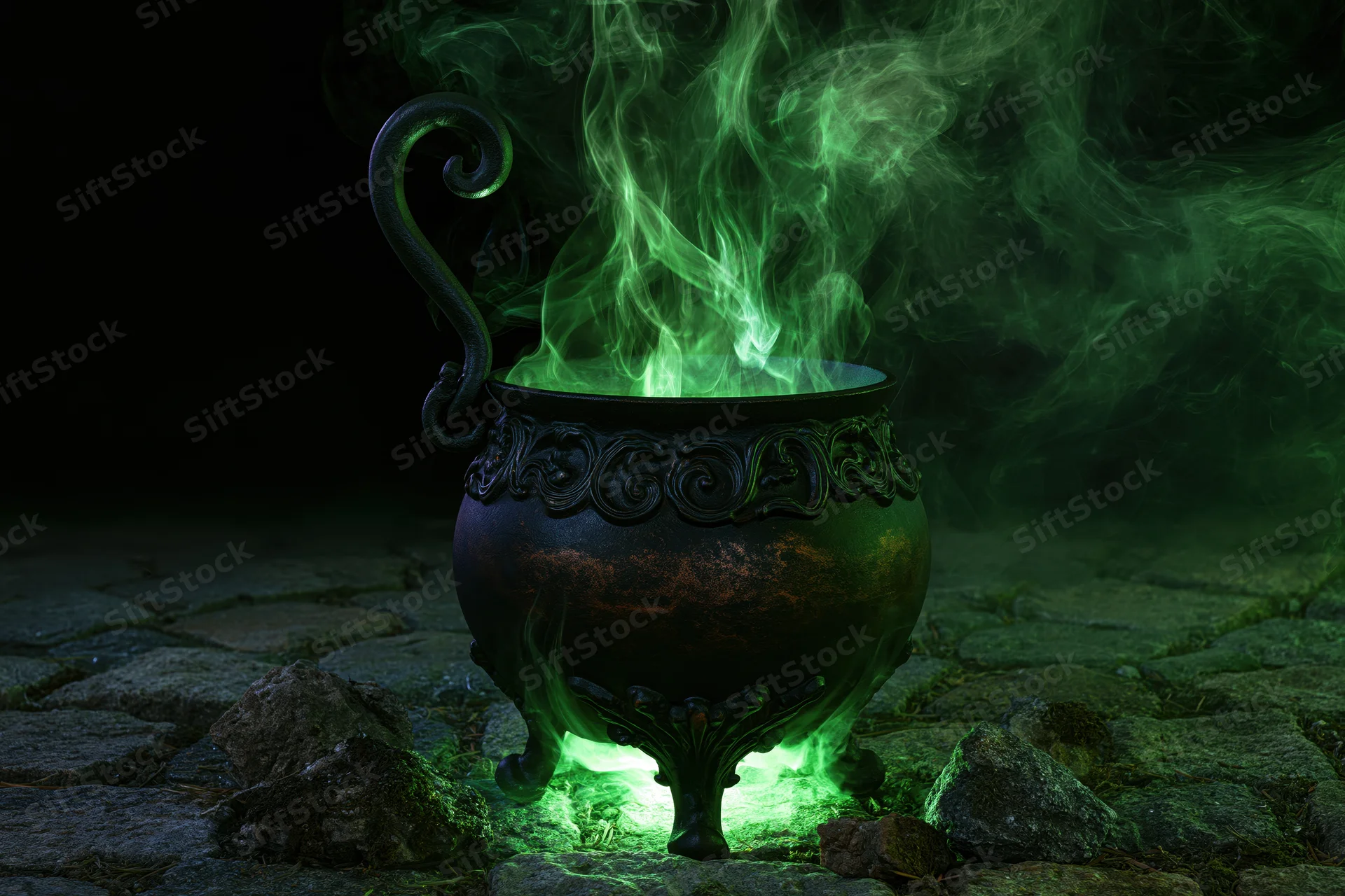 Ornate cast iron cauldron emitting green smoke on a stone floor at night