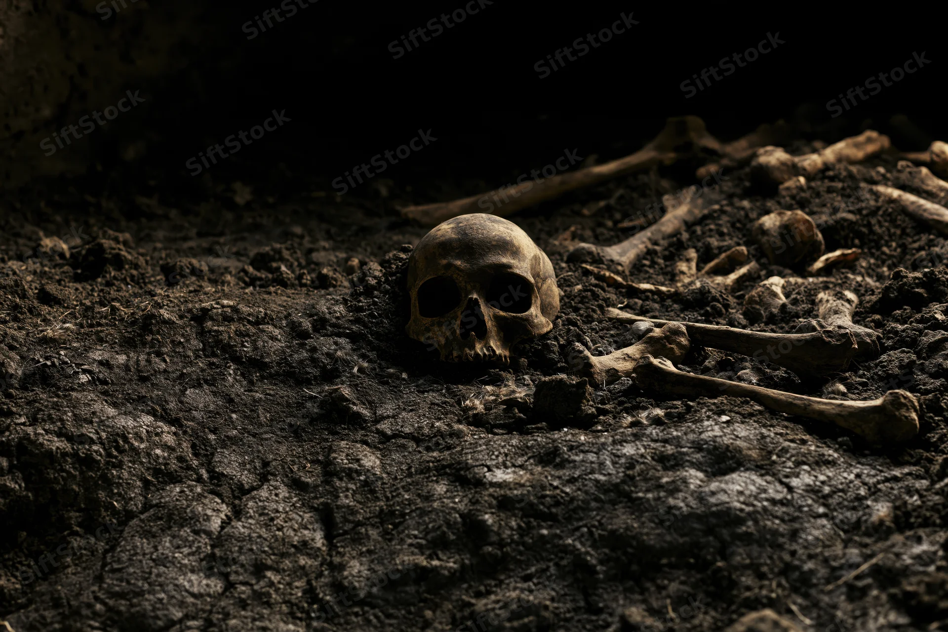 Ancient human skull and scattered bones partially embedded in dark soil at an archaeological dig site