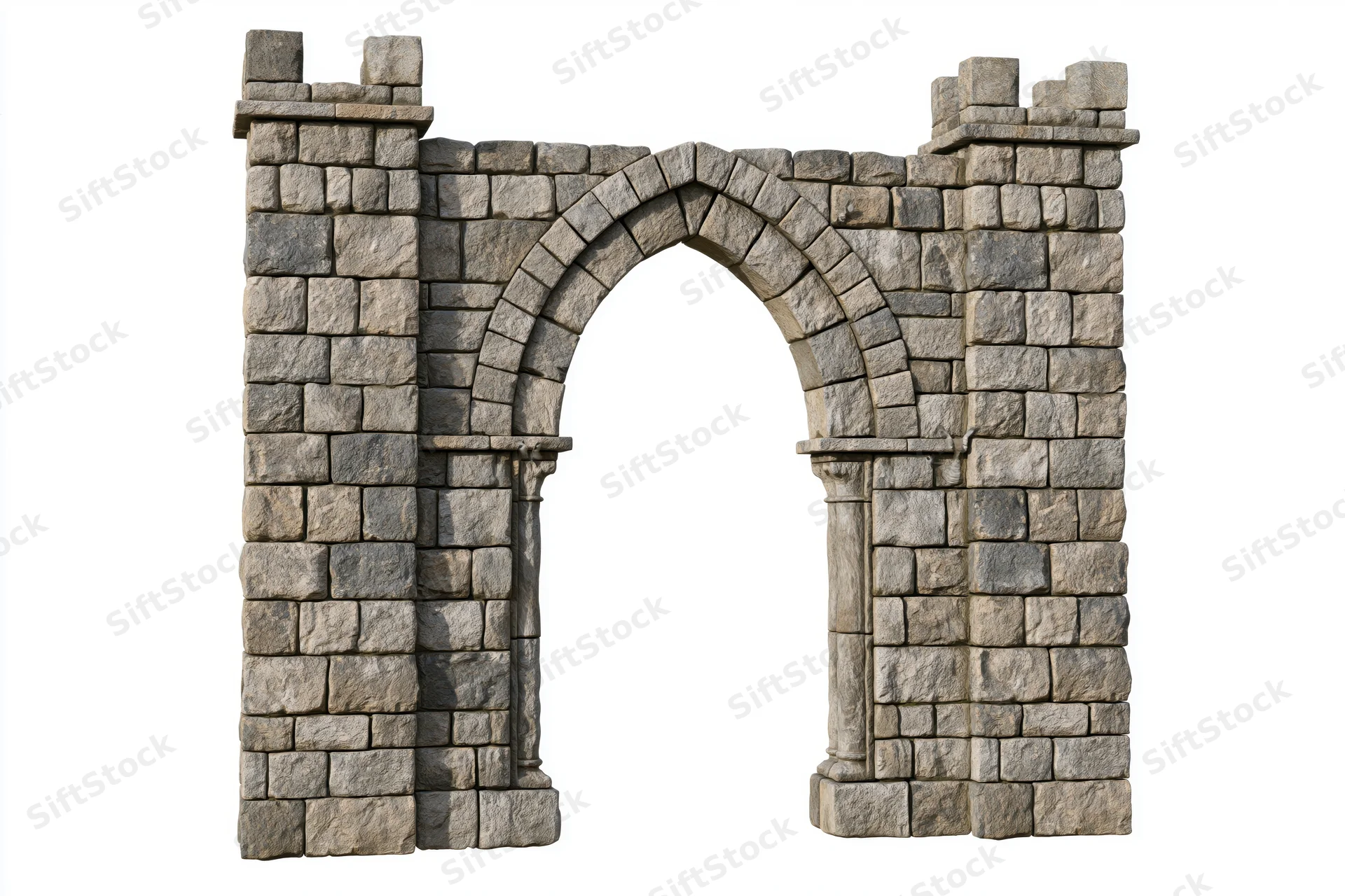 Ancient stone archway gateway with crenellated towers standing alone on white background