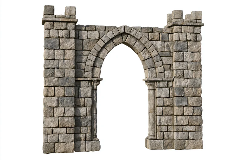 Ancient stone archway gateway with crenellated towers standing alone on white background