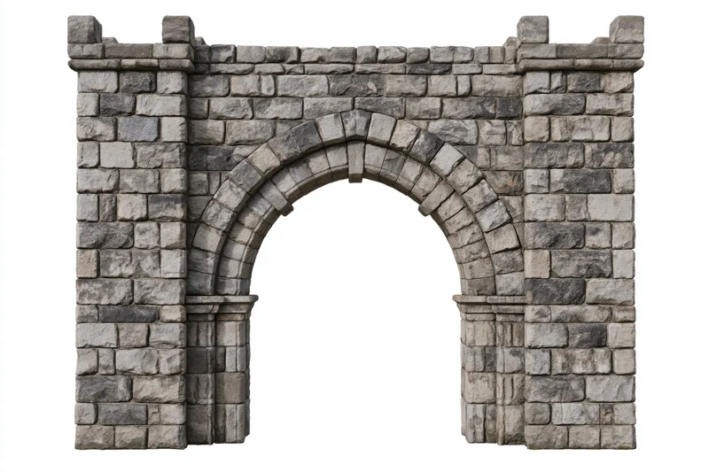 Ancient stone archway gateway with crenellated towers and arched entrance isolated on white