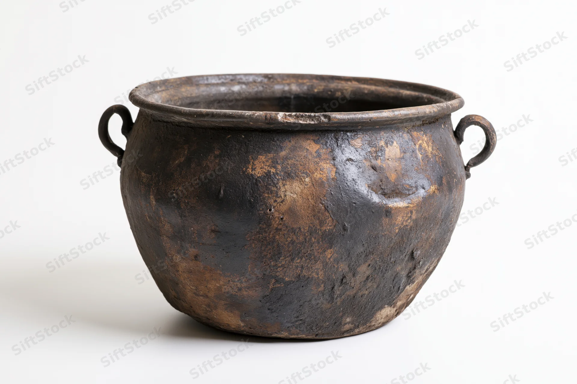 Antique black clay cooking pot with two small loop handles on white background
