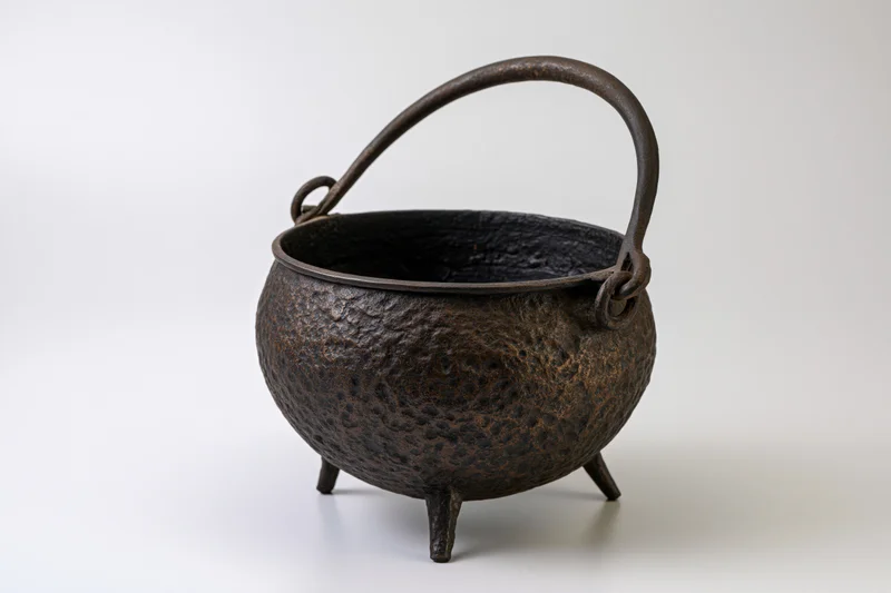Antique cast iron cauldron with curved bail handle and three legs on white background