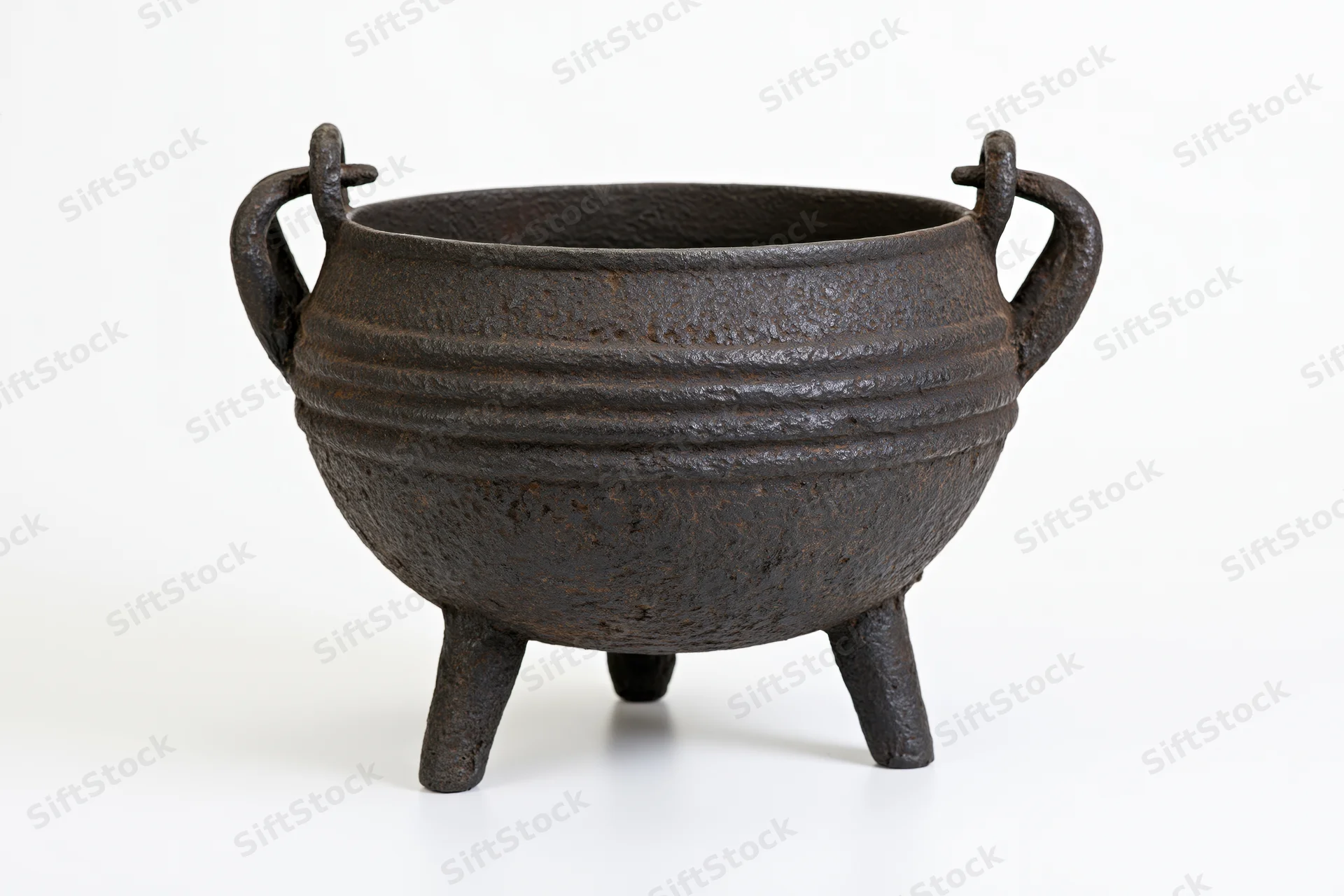 Antique cast iron cauldron with two side handles and three legs on white background