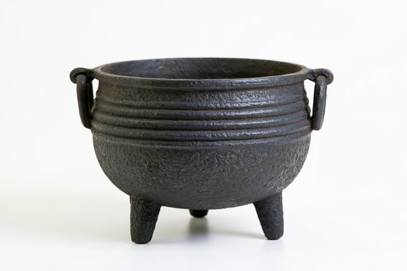Antique cast iron cauldron with three legs and side handles on white background
