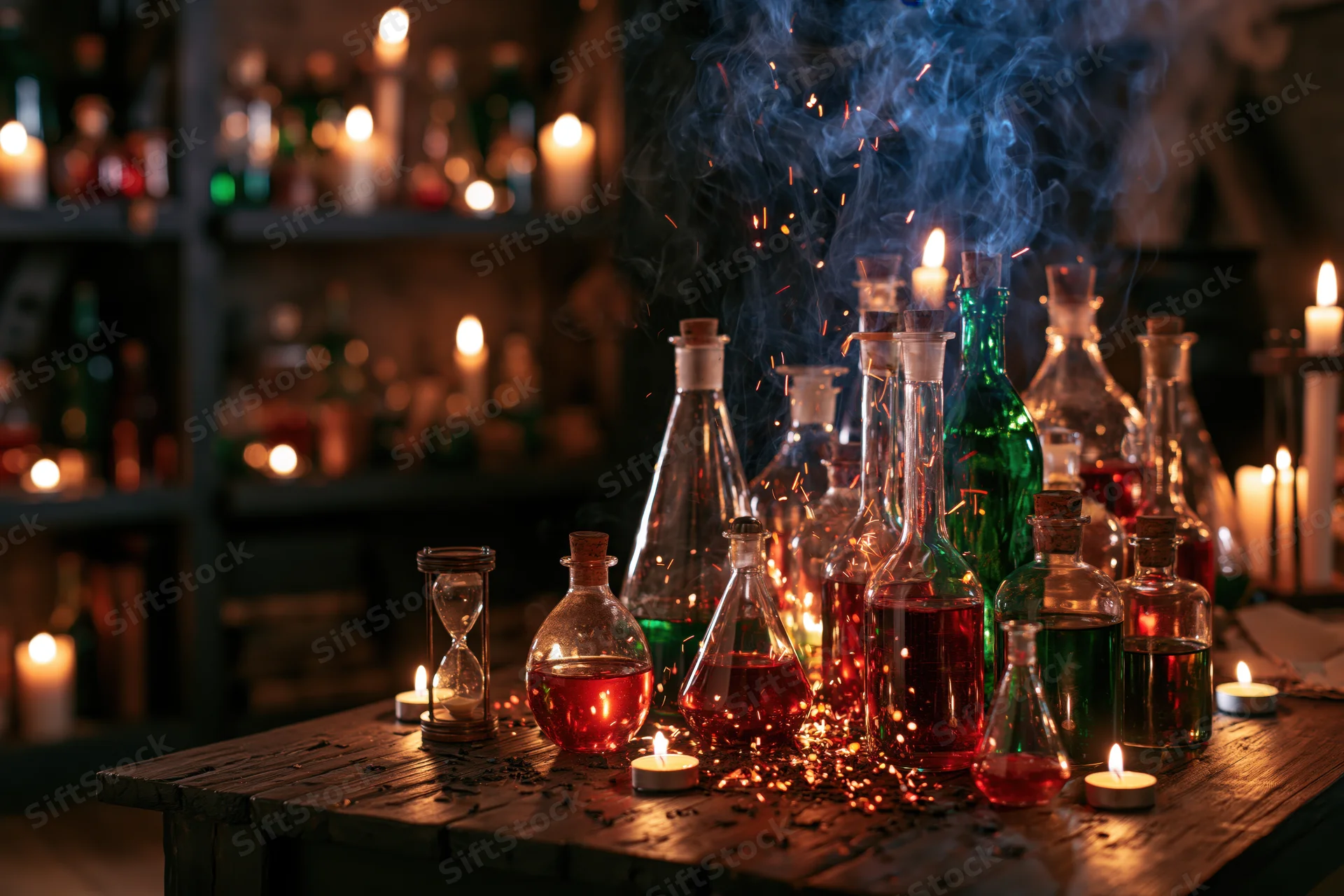 Alchemist's wooden table with glass bottles of colorful potions and candles, emitting smoke and sparks in a dimly lit laboratory