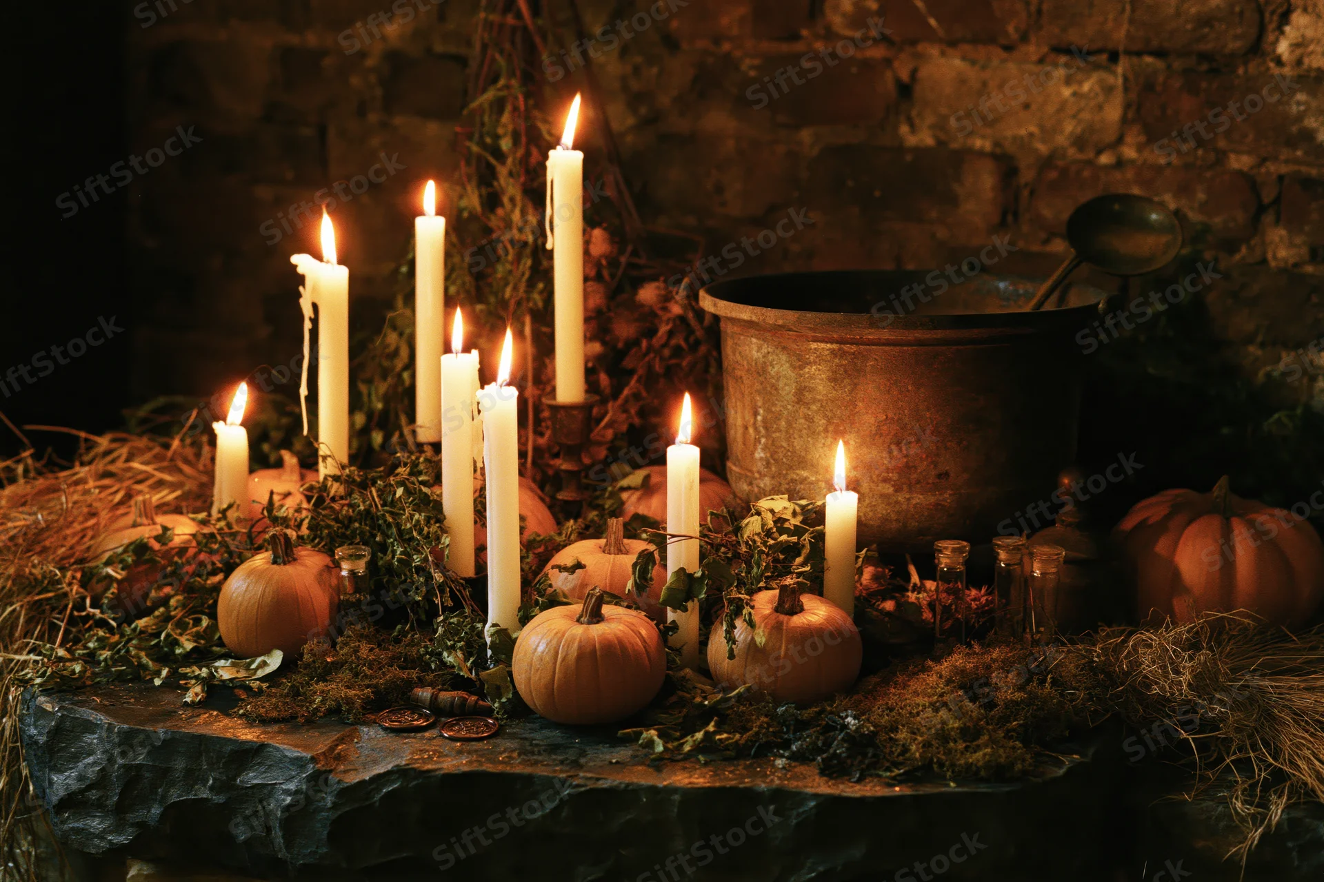 Halloween still life with lit candles, pumpkins and a cauldron on a dark stone surface surrounded by moss and hay