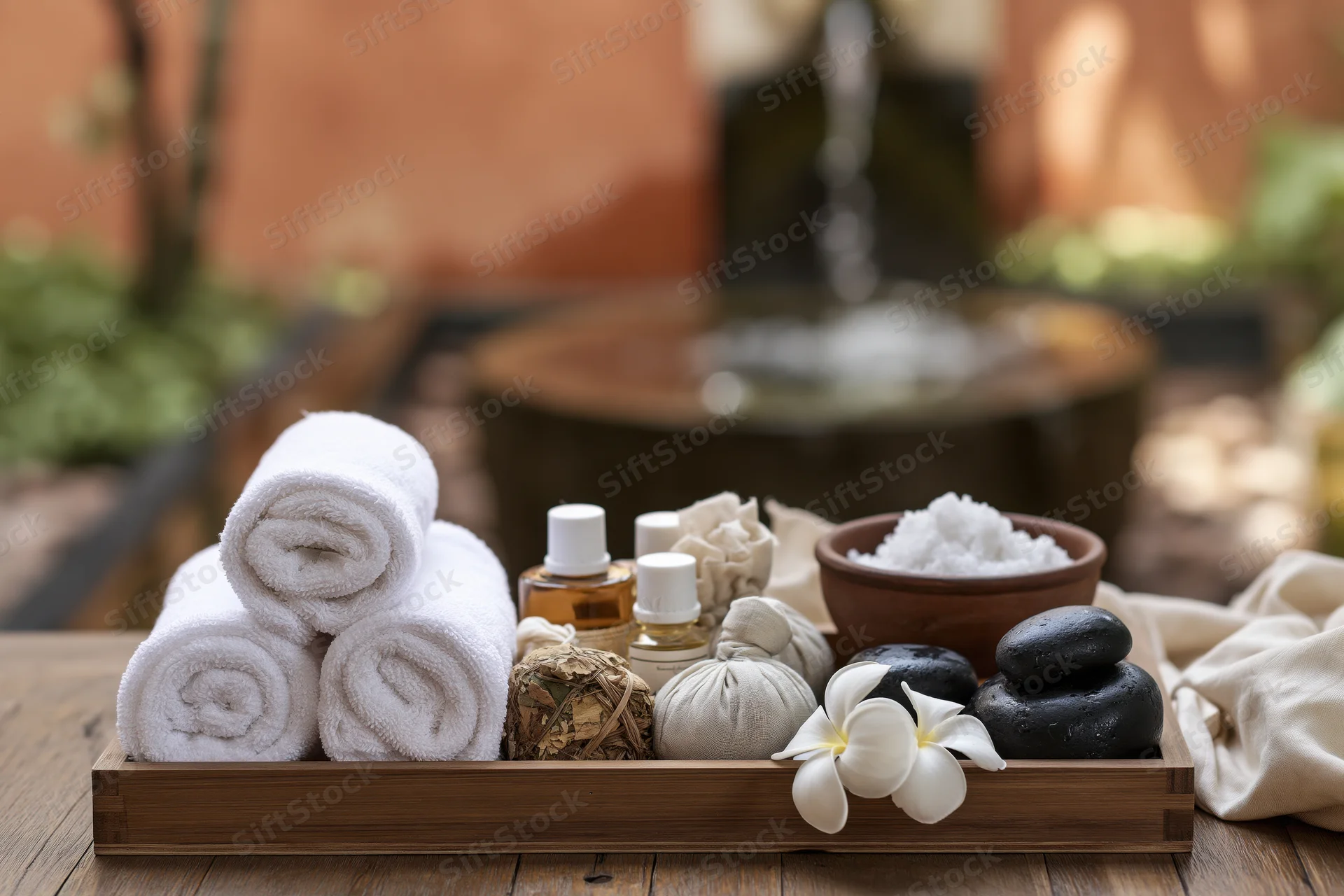 Bamboo tray with rolled towels, essential oils, bath salts, stones and frangipani flower on wooden surface near garden fountain