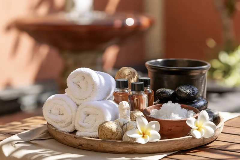 Balinese spa treatment tray with rolled towels, essential oil bottles, salt, stones and frangipani flowers on wooden surface