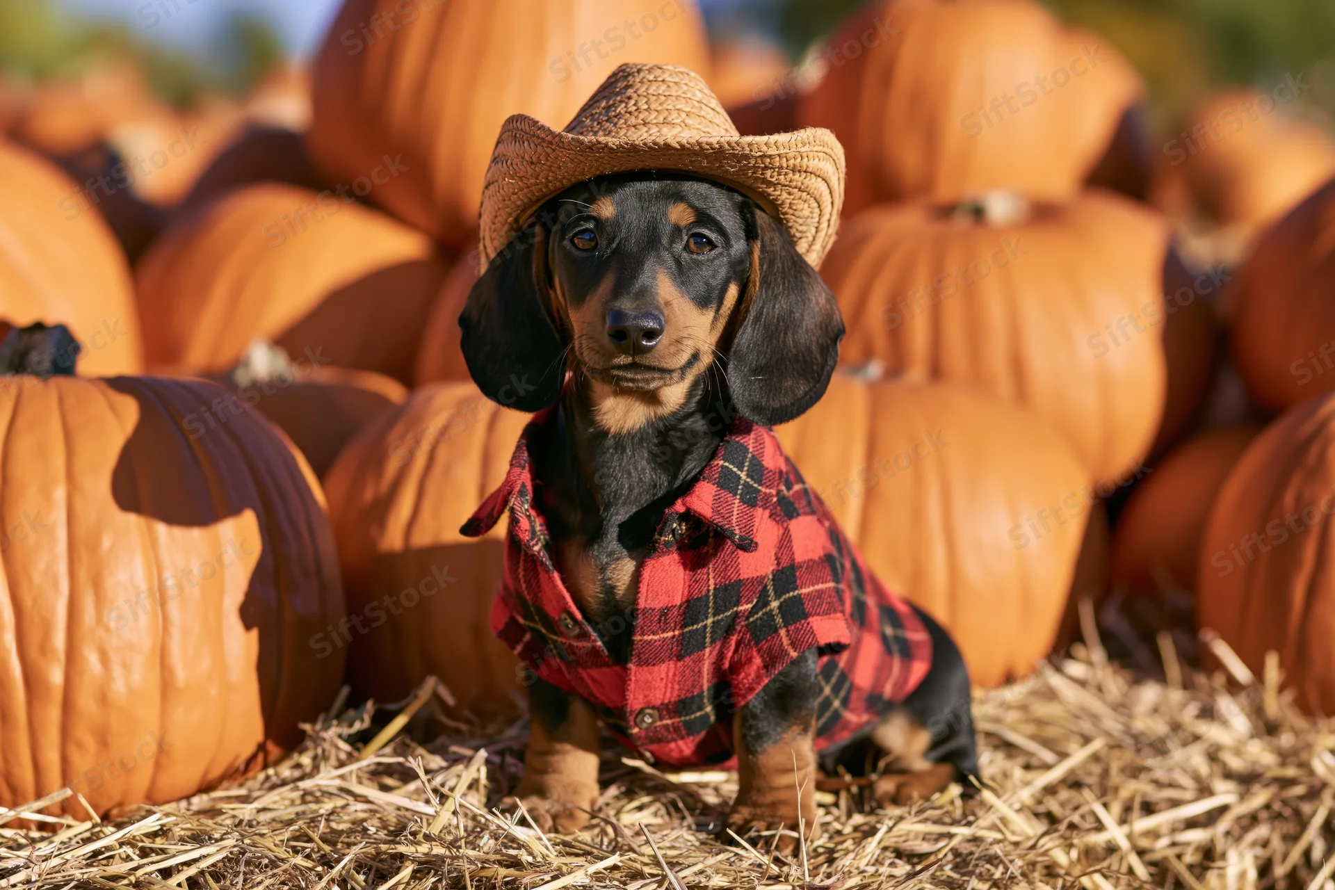 Black and tan dachshund puppy wearing cowboy hat and plaid shirt sitting on straw among pumpkins in autumn field