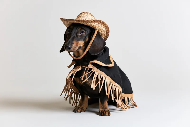 Black and tan dachshund sitting upright in cowboy costume with straw hat and fringed jacket on white background