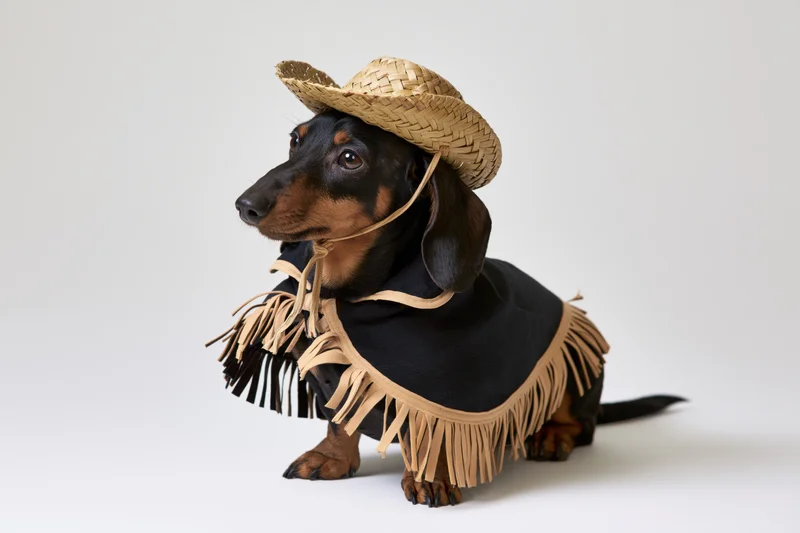 Black and tan dachshund sitting upright in a straw cowboy hat and fringed poncho against a white background
