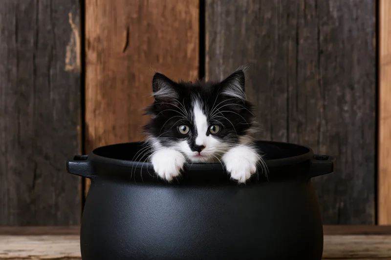Black and white kitten peeking from inside a large black cast iron cauldron against a wooden background