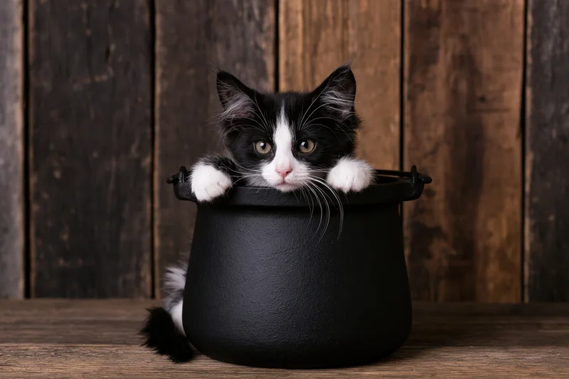 Black and white kitten peeking from inside a black cauldron on a wooden table