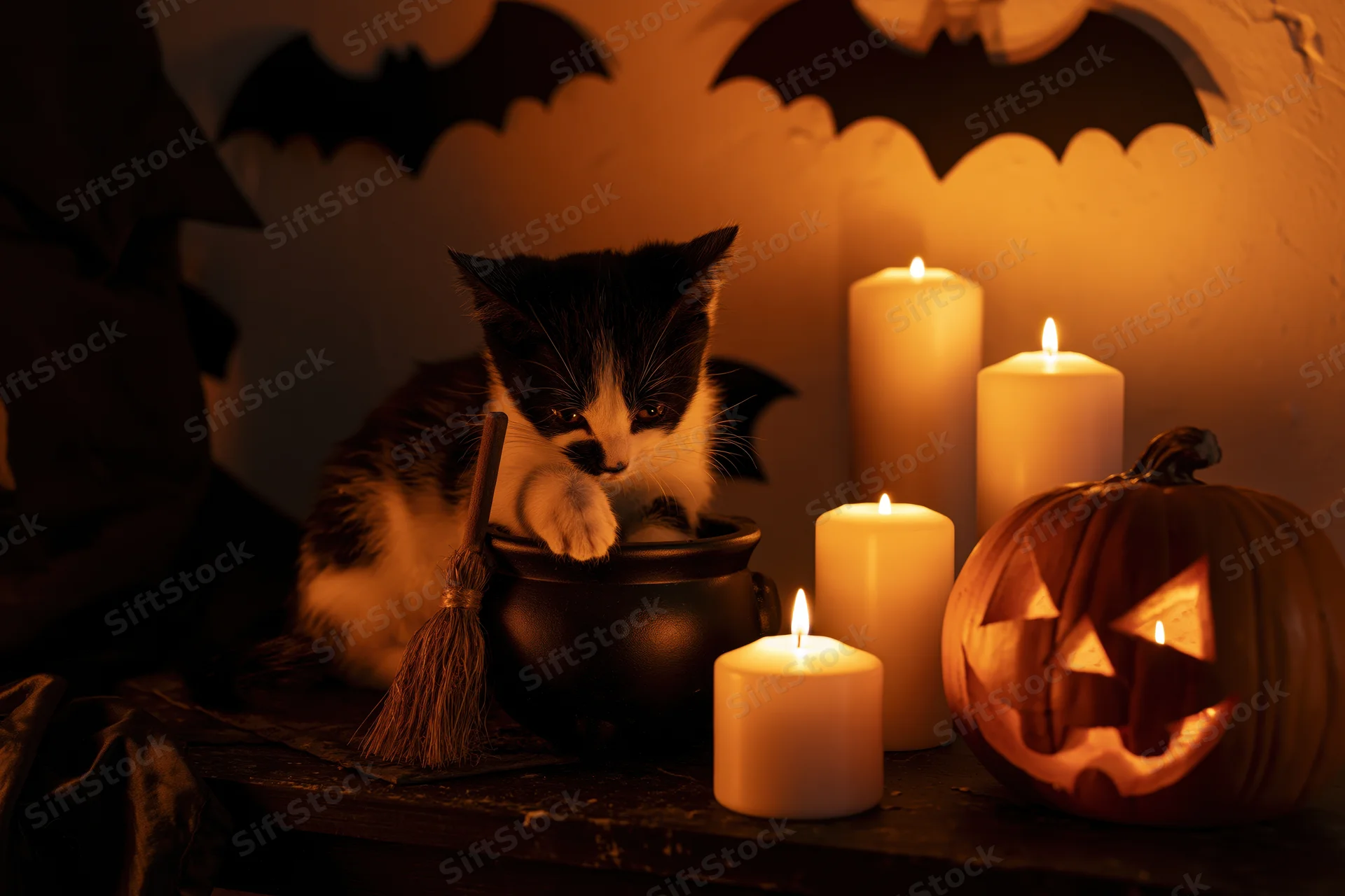 Black and white kitten sitting in a small witch cauldron surrounded by candles and halloween decorations on a wooden table