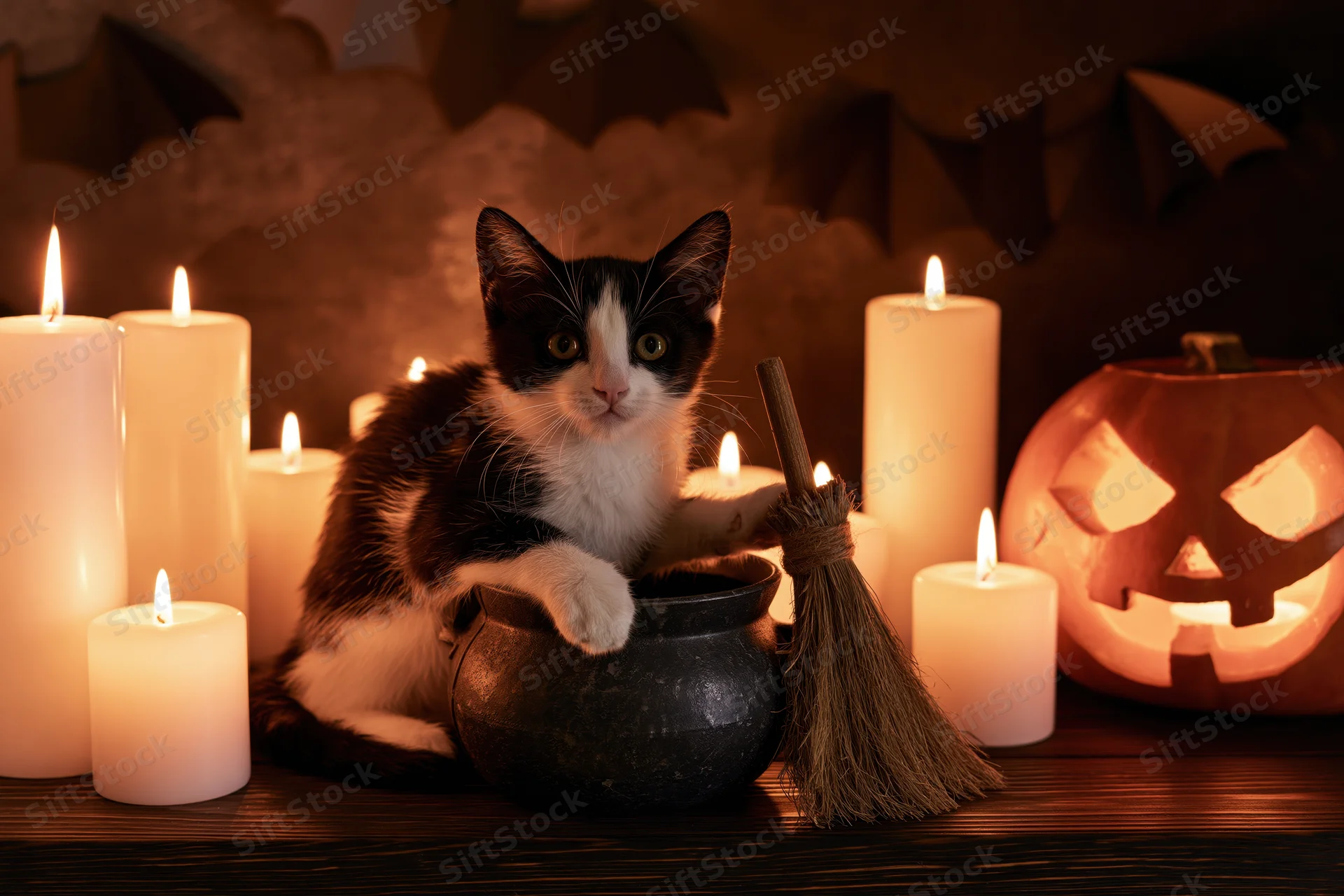 Black and white kitten sitting in a small witch cauldron surrounded by candles and halloween decorations on a wooden table
