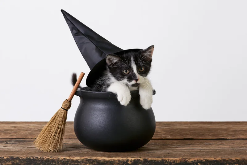 Black and white kitten wearing witch hat sitting in cauldron with broom on wooden table