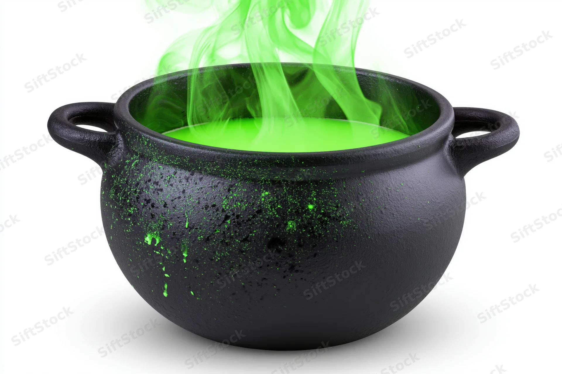 Black witch's cauldron with green steaming potion on white background