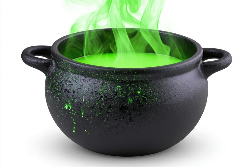 Black witch's cauldron with green steaming potion on white background