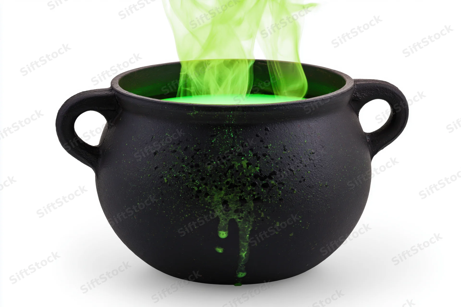 Black witch's cauldron with green smoke rising from it, isolated on white