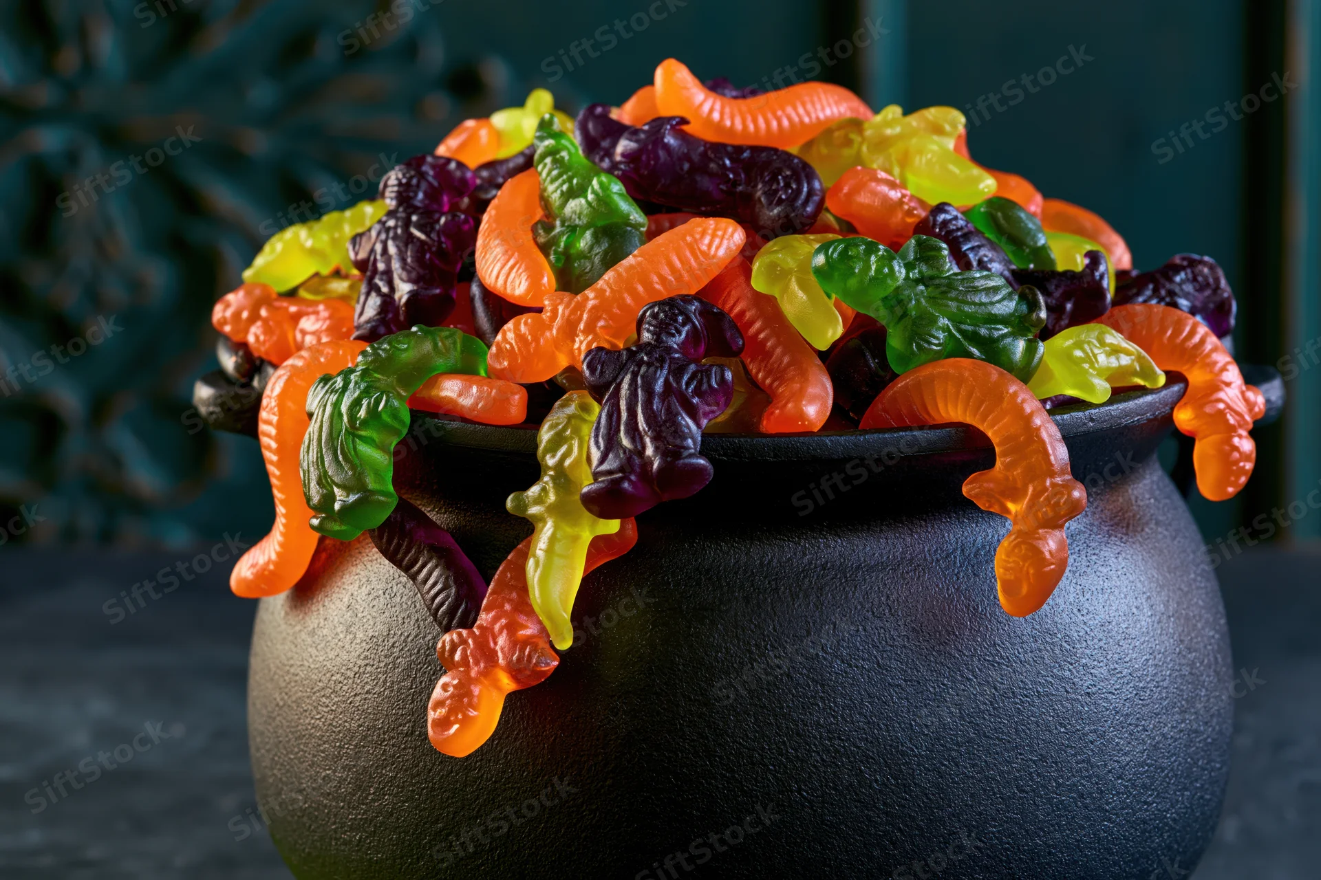 Black cast iron cauldron overflowing with colorful halloween gummy candies
