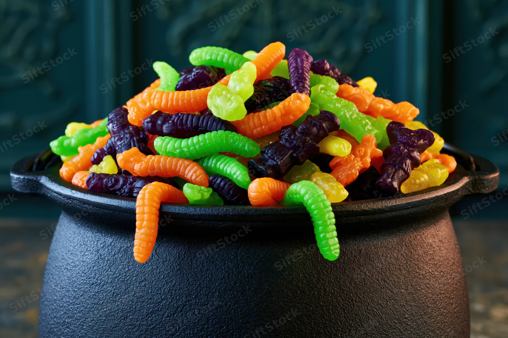 Black cast iron cauldron overflowing with colorful gummy worms for halloween
